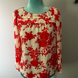 LOFT Outlet Red and White Ruffled Long Sleeve Blouse